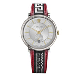 Versace V Circle Silver Dial Two Tone Leather Strap Men's Watch - VEBQ01319