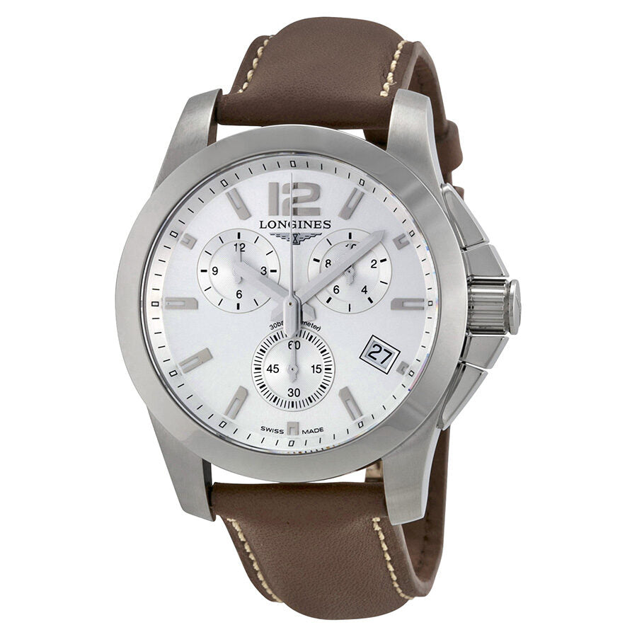 Longines Conquest Chronograph Silver Dial Brown Leather Men s