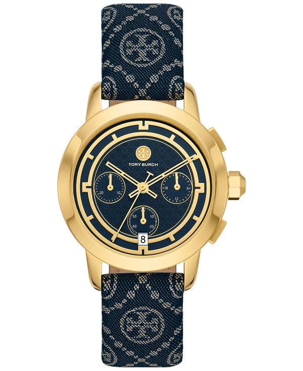 Tory Burch Chronograph The Tory Navy Fabric & Ivory Leather Strap Women's Watch TBW1038 - Image 1