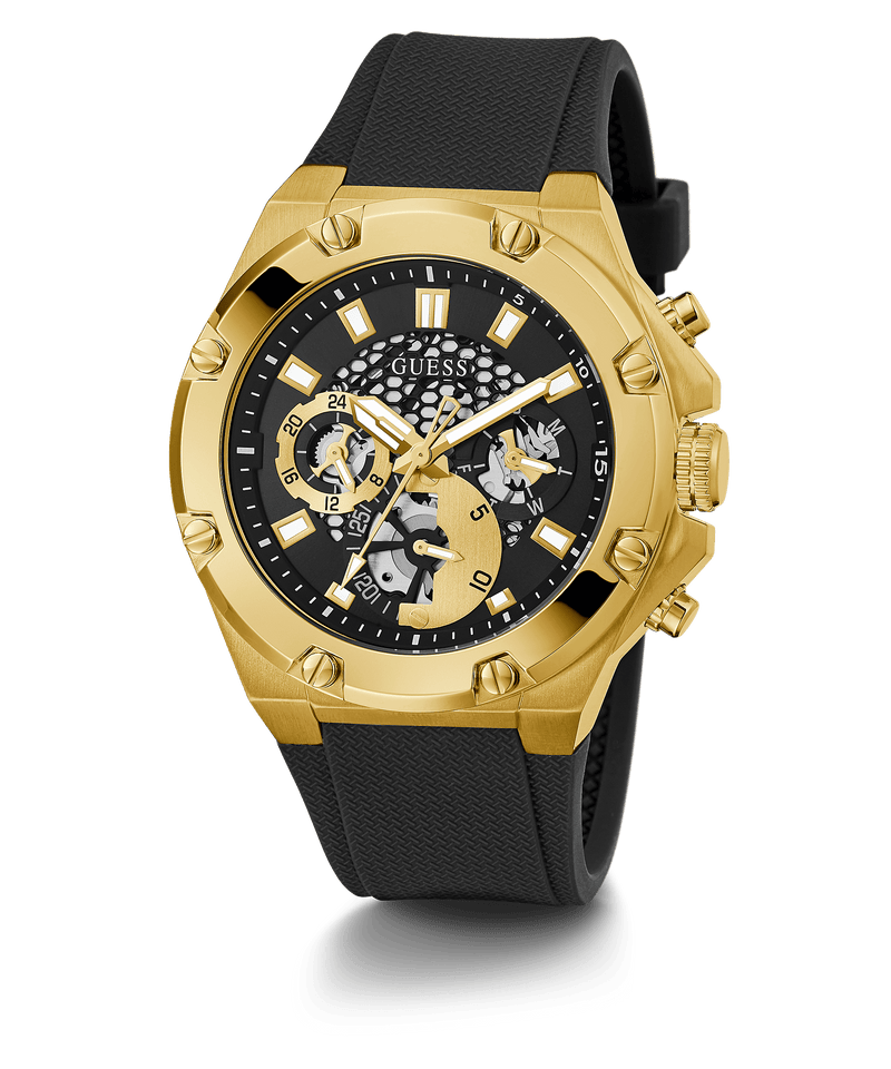 Reloj Guess para hombre con correa de silicona negra y caja dorada GW0334G2