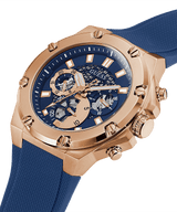 Guess Rose Gold Tone Case Reloj de hombre de silicona azul GW0334G3