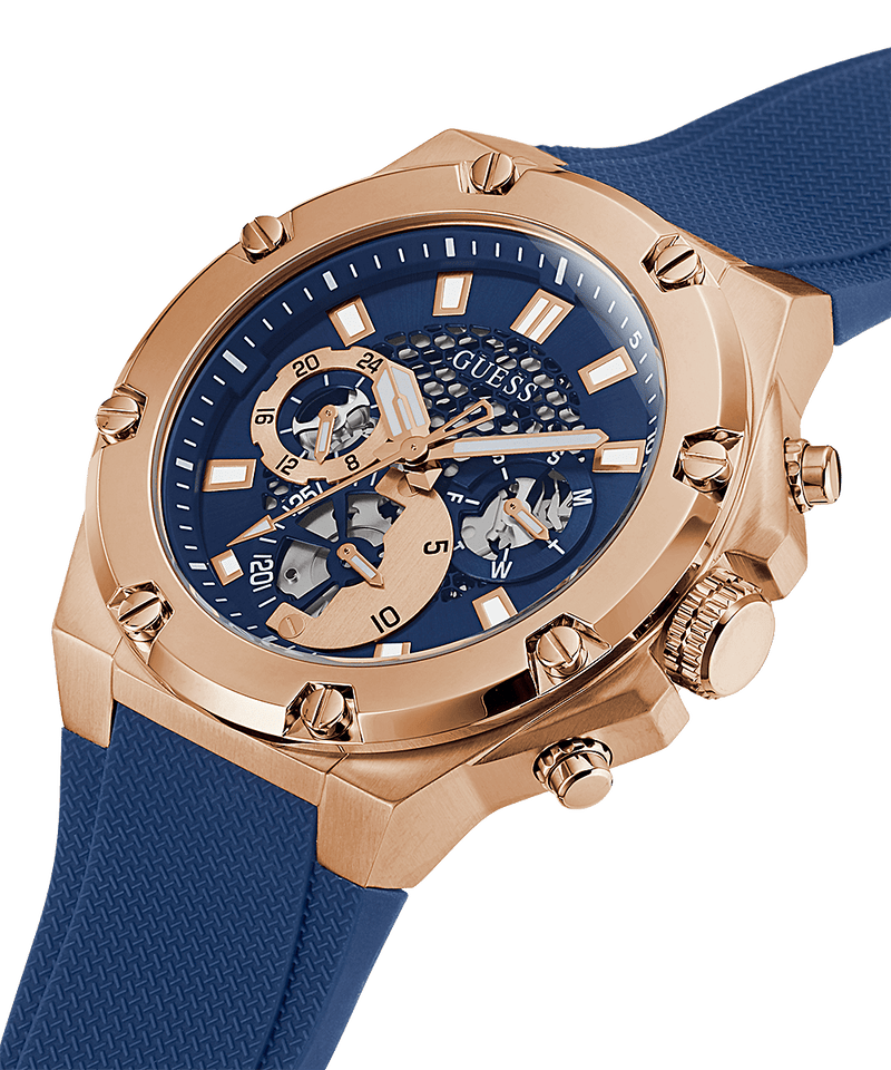 Guess Rose Gold Tone Case Reloj de hombre de silicona azul GW0334G3