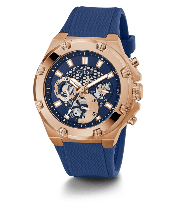 Guess Rose Gold Tone Case Reloj de hombre de silicona azul GW0334G3