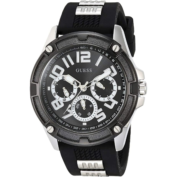 Guess Silver Tone Black Silicone Men's Watch GW0051G1