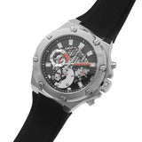 Guess Caja plateada Reloj para hombre con correa de silicona negra GW0334G1