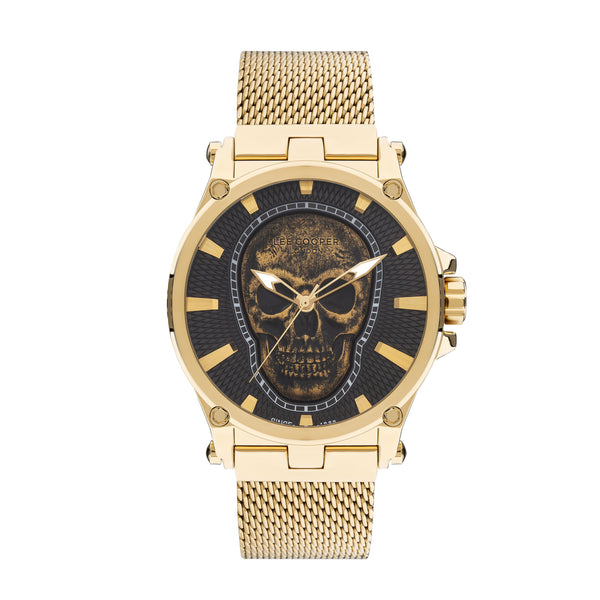 Lee Cooper Men's Gold Analog Skull Dial Mesh Strap Watch – LC07587.150