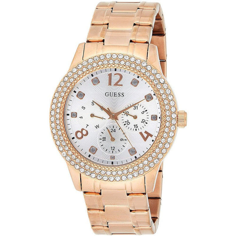 Guess Bedazzle Reloj de mujer con esfera plateada y oro rosa W1097L3