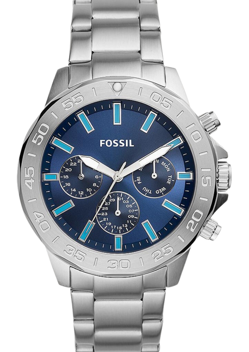 Fossil Bannon BQ2503 Reloj multifunción plateado para hombre con esfera azul