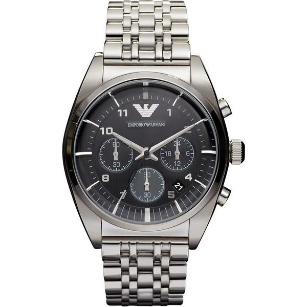 Reloj cronógrafo de acero inoxidable con esfera negra clásica Emporio Armani para hombre AR0373