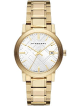 Burberry esfera blanca reloj unisex de acero inoxidable chapado en oro amarillo BU9003