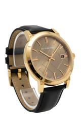 ساعة رجالية من بربري، مينا وعلبة من الذهب الوردي، وسوار من الجلد البني، موديل BU9013