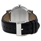 ساعة بربري نسائية بمينا فضي وسوار جلدي أسود، موديل BU9106