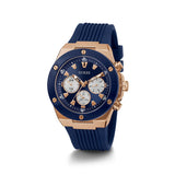 Guess Caja de oro rosa Reloj de hombre con correa de silicona azul GW0057G2