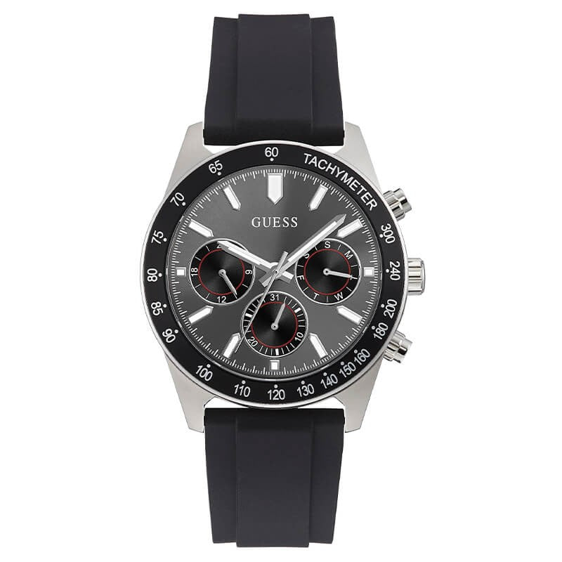 Guess Silver Tone Black Silicone Strap Men's Watch GW0332G1