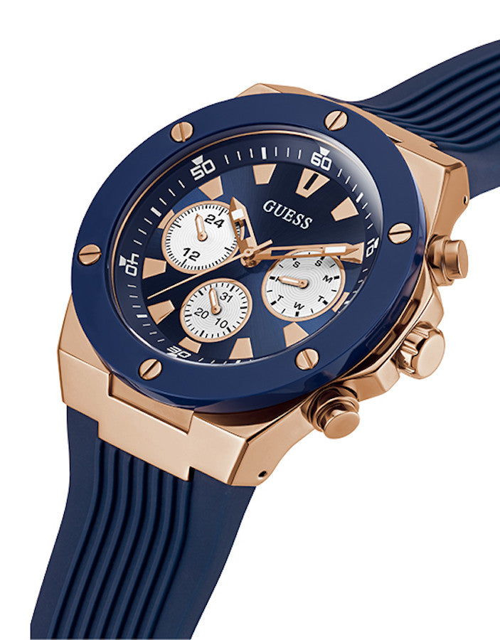 Guess Caja de oro rosa Reloj de hombre con correa de silicona azul GW0057G2