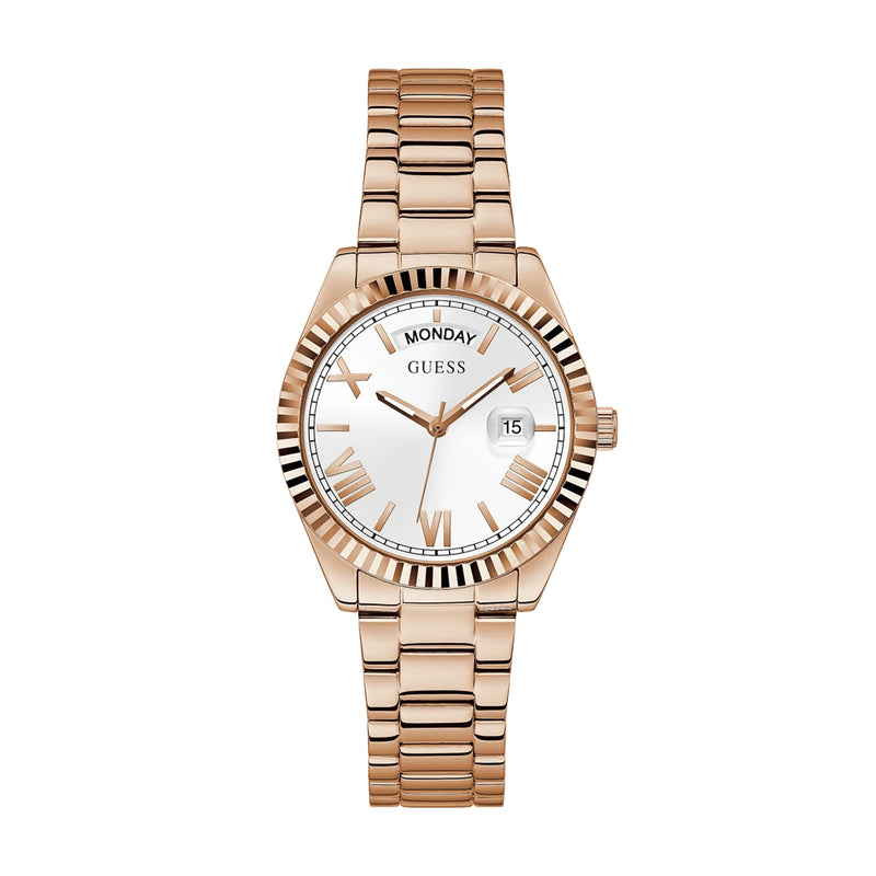 Reloj Guess Luna Mujer Oro Rosa Esfera Blanca GW0308L3