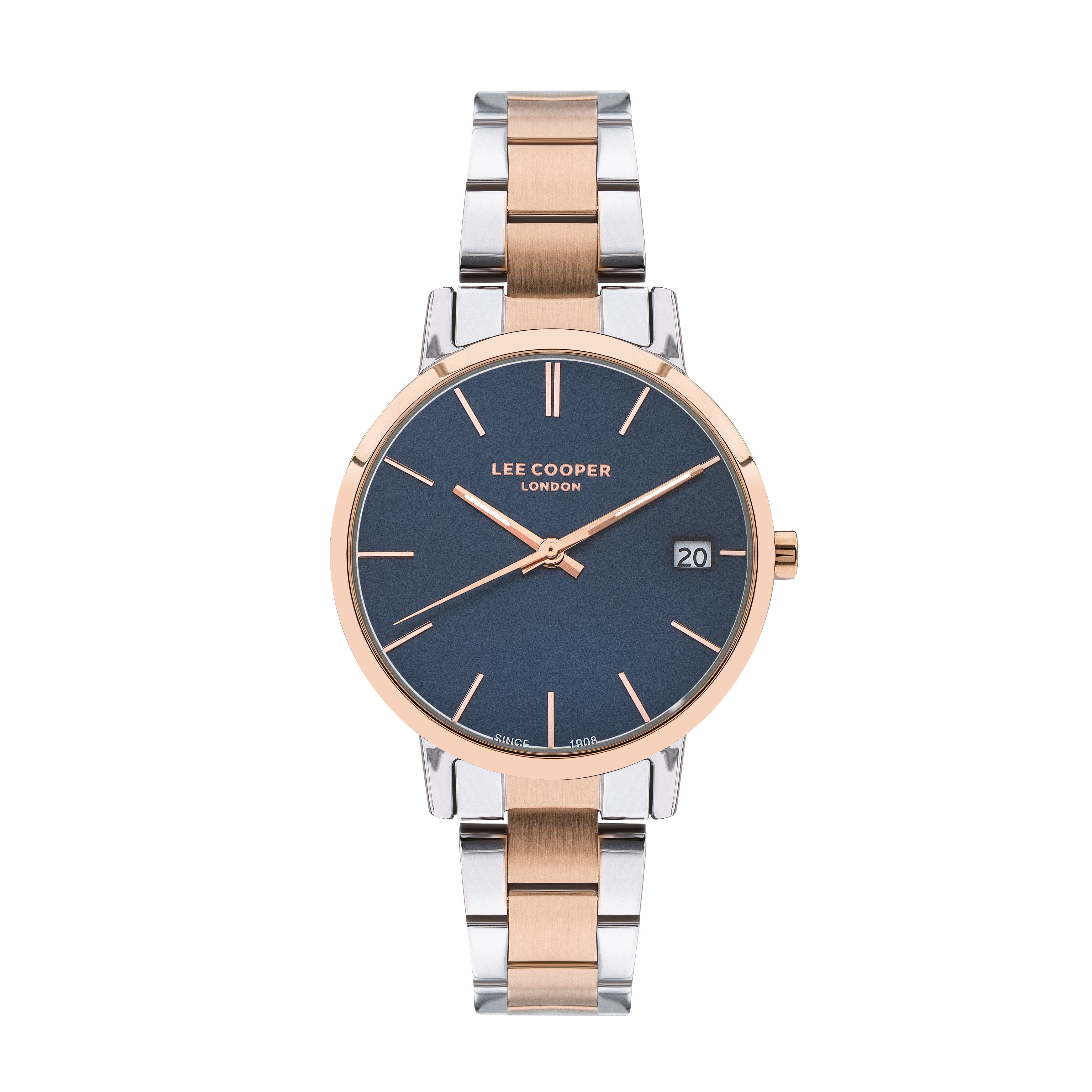ساعة لي كوبر النسائية ذات المينا الزرقاء والسوار المعدني ثنائي اللون – LC07447.590