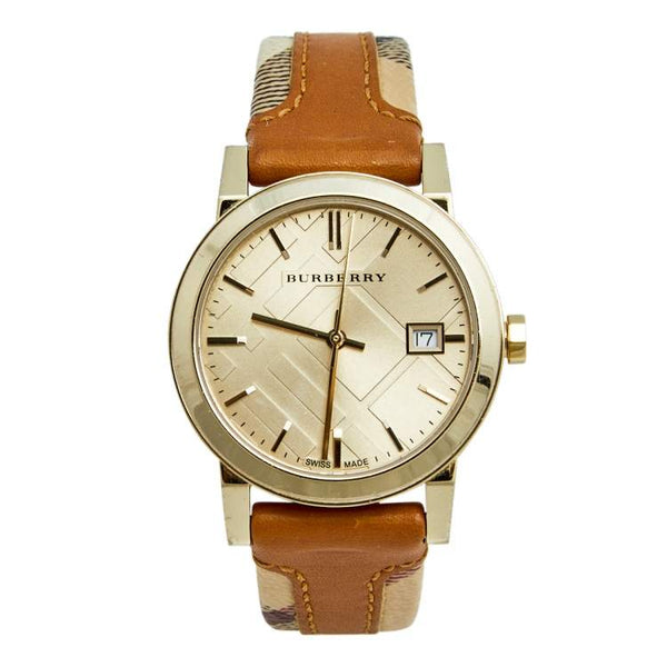 Burberry The City Champagne Dial Tan Leather and Fabric Trim Ladies Watch BU9133