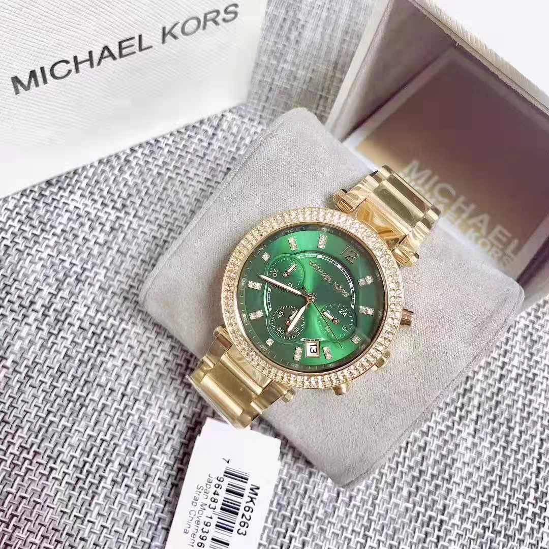 Michael Kors Parker Reloj cronógrafo para mujer, esfera verde, dorado, MK6263