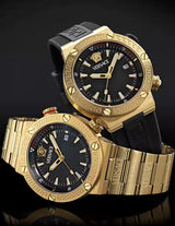 ساعة فيرساتشي غريكا للرجال، تعمل بشعار العلامة التجارية، مزودة بحركة كوارتز، مينا أسود، سوار من الفولاذ الذهبي - VE8G00624