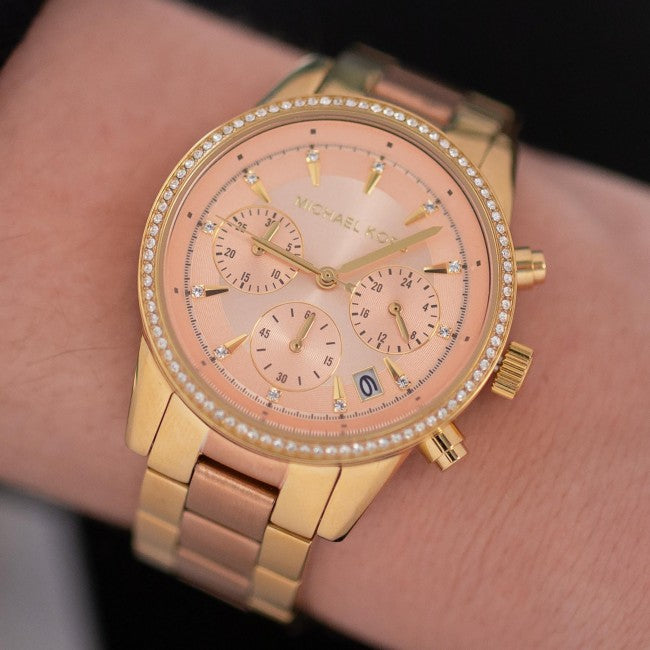 Michael Kors Ritz Reloj cronógrafo con esfera rosa para mujer MK6475