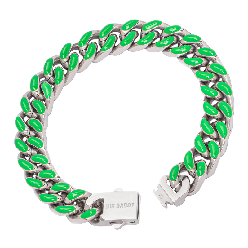 Big Daddy 13MM Enamel Green Steel Cuban Bracelet