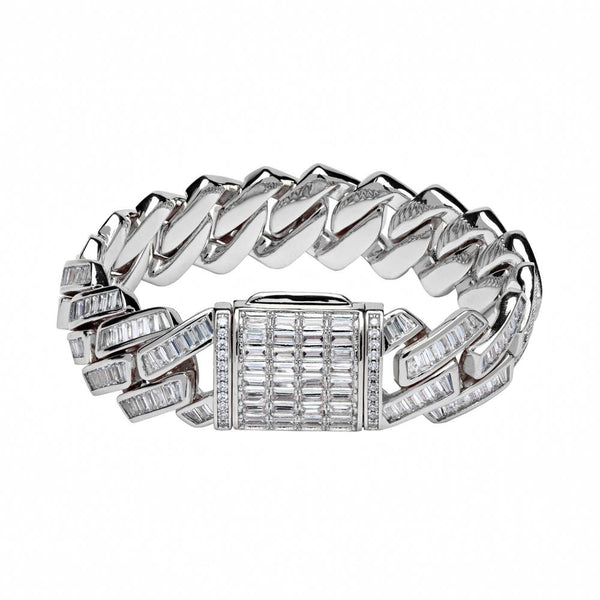 Big Daddy 12 mm Iced Out Diamond Silver Cuban Baguette Brazalete