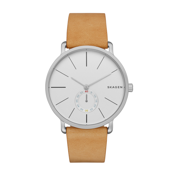 Skagen Hagen SKW6215 - Reloj para hombre con correa de piel color canela y esfera blanca