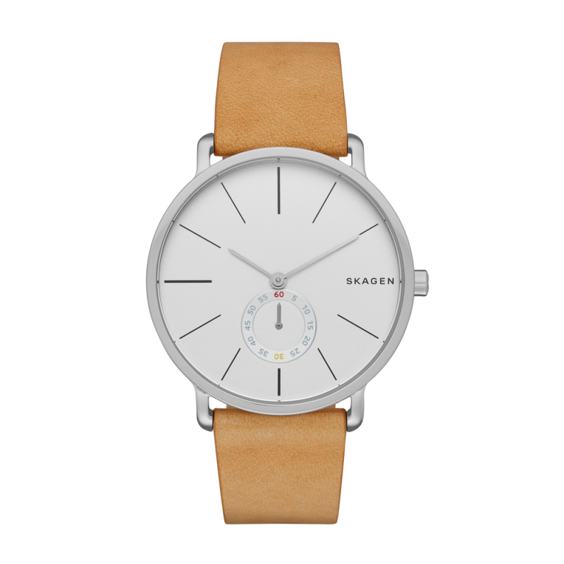 Skagen Hagen SKW6215 - Reloj para hombre con correa de piel color canela y esfera blanca