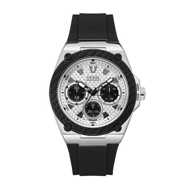 Reloj Guess Legacy W1049G3 para hombre con esfera blanca de cuarzo y goma negra.