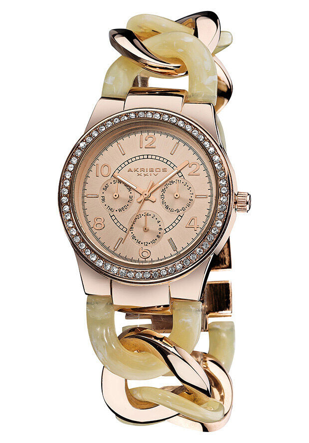 Akribos GMT Multi-Function Ivory Resin and Rose Gold-tone Ladies Watch #AK562RG - Watches of America