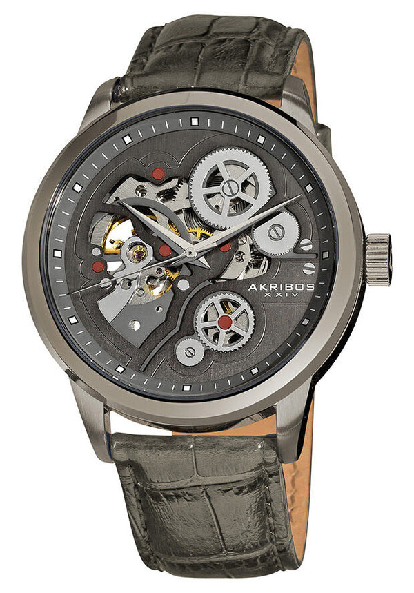 Akribos Manual Wind Skeleton Dial Grey Leather Men's Watch #AK538GY - Watches of America