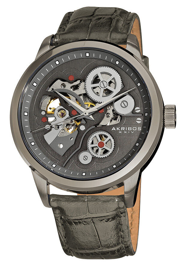 Akribos Manual Wind Skeleton Dial Grey Leather Men's Watch #AK538GY - Watches of America