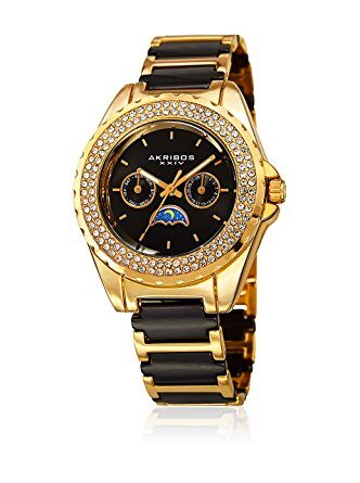 Akribos XXIV Black Dial Gold-Tone Black Ceramic Ladies Watch #AK961YGB - Watches of America