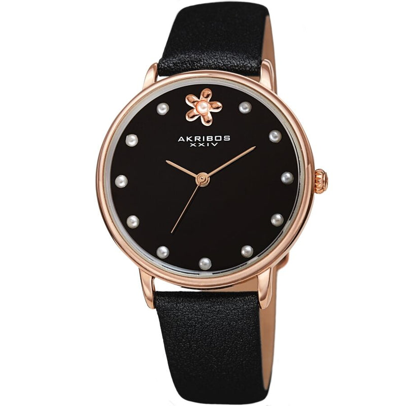 Akribos XXIV Quartz Black Dial Black Leather Ladies Watch #AK1084BK - Watches of America