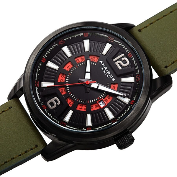 Akribos XXIV Quartz Black Dial Green Leather Men's Watch #AK1079BKGN - Watches of America #2