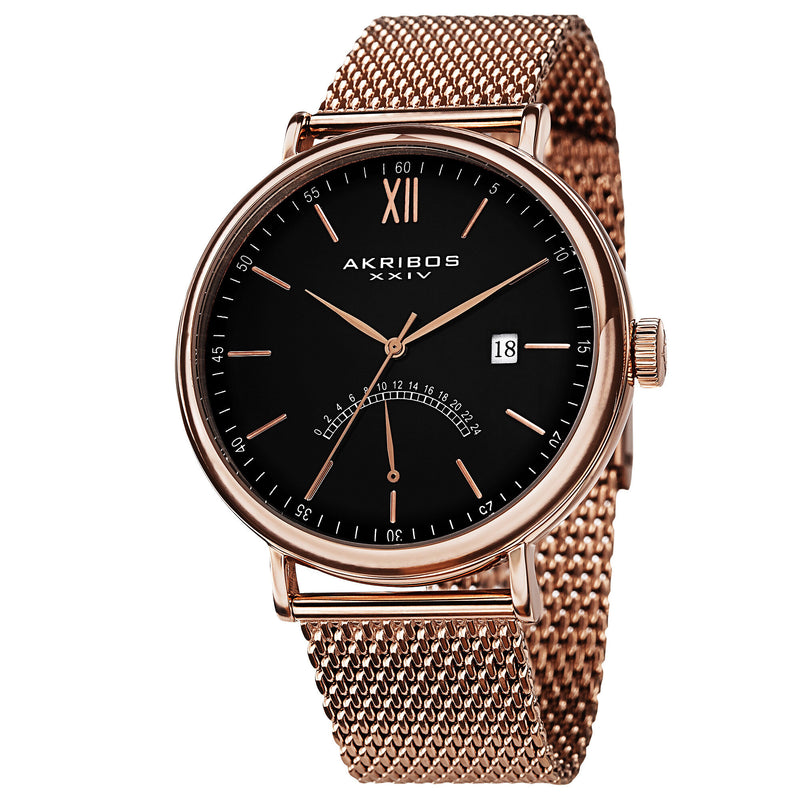 Akribos XXIV Black Dial Rose Gold-tone Mesh Men's Watch #AK731RG - Watches of America