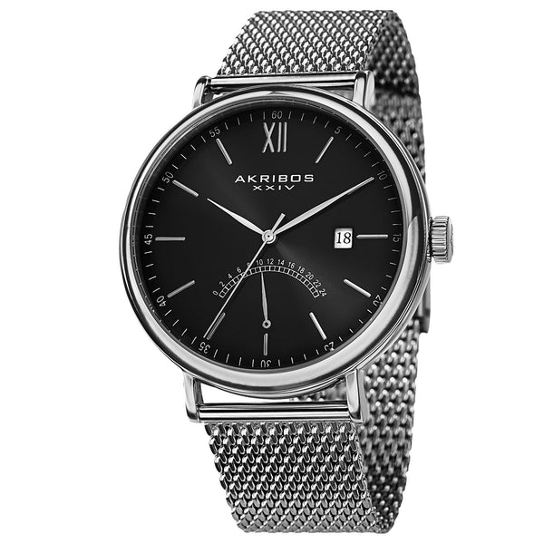 Akribos XXIV Black Dial Stainless Steel Mesh Men's Watch #AK731SSB - Watches of America