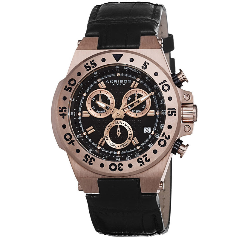 Akribos XXIV Chronograph Black Dial Black Leather Ladies Watch #AK667RGB - Watches of America