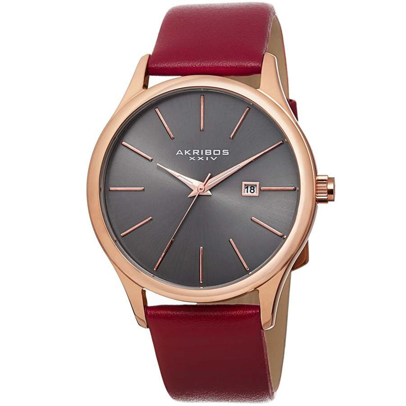 Akribos XXIV Dark Grey Sunray Dial Red Leather Men's Watch #AK618RGR - Watches of America