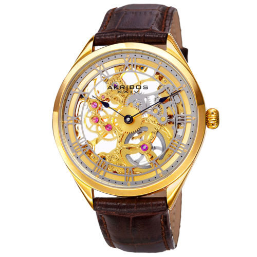 Akribos XXIV Gold Skeleton Dial Brown Leather Men's Watch #AK802YG - Watches of America