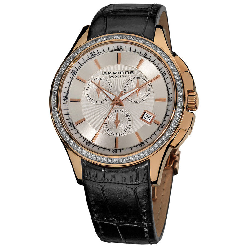 Akribos XXIV Grandiose Crystal Chronograph Rose Gold-tone Steel Black Leather Strap Men's Watch #AK615RG - Watches of America