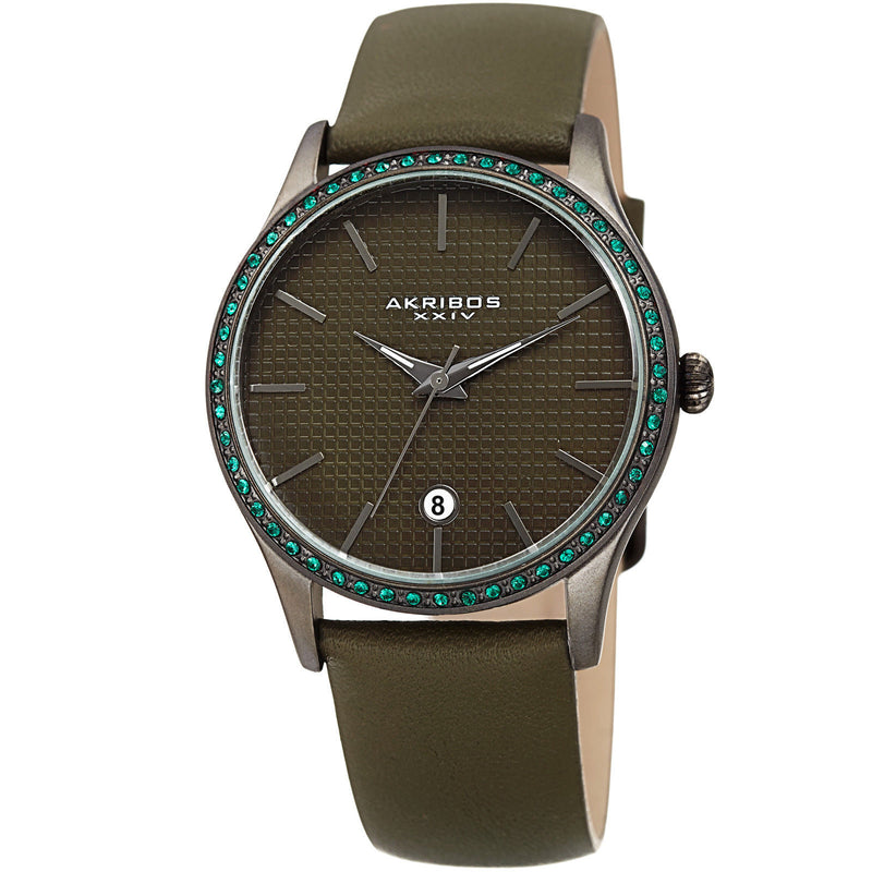 Akribos XXIV Green Dial Leather Ladies Watch #AK964GN - Watches of America