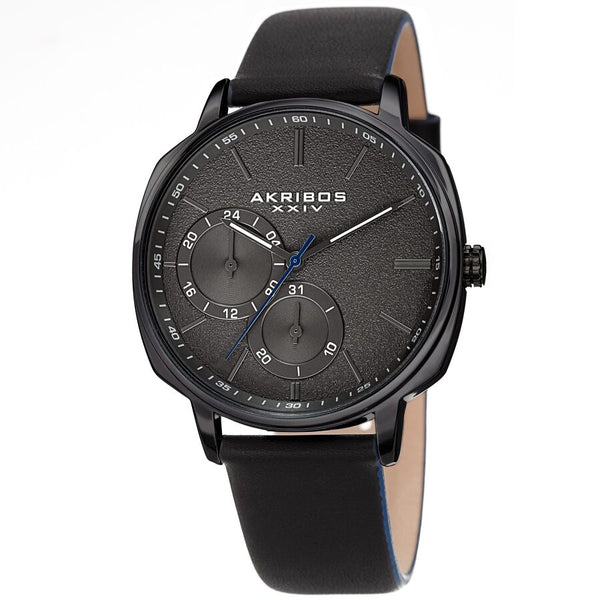 Akribos XXIV Quartz Grey Dial Black Leather Men's Watch #AK1022BK - Watches of America