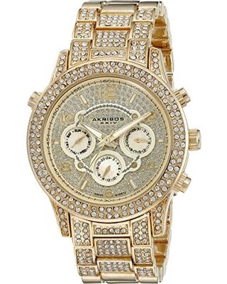 Akribos XXIV Multi-Function Gold Crystal Pave Dial Ladies Watch #AK776YG - Watches of America