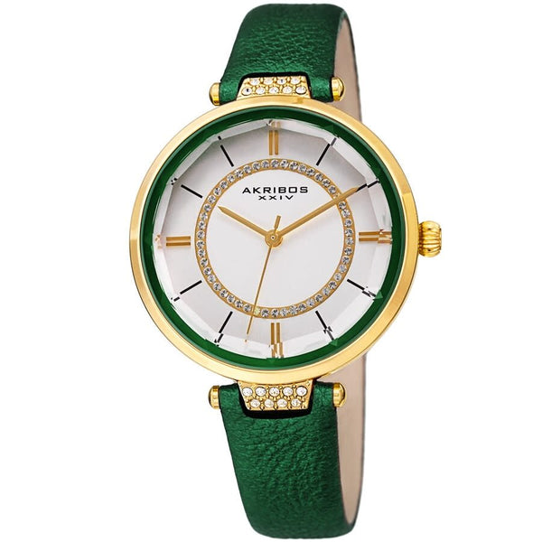 Akribos XXIV Quartz White Dial Green Leather Ladies Watch #AK1116GN - Watches of America