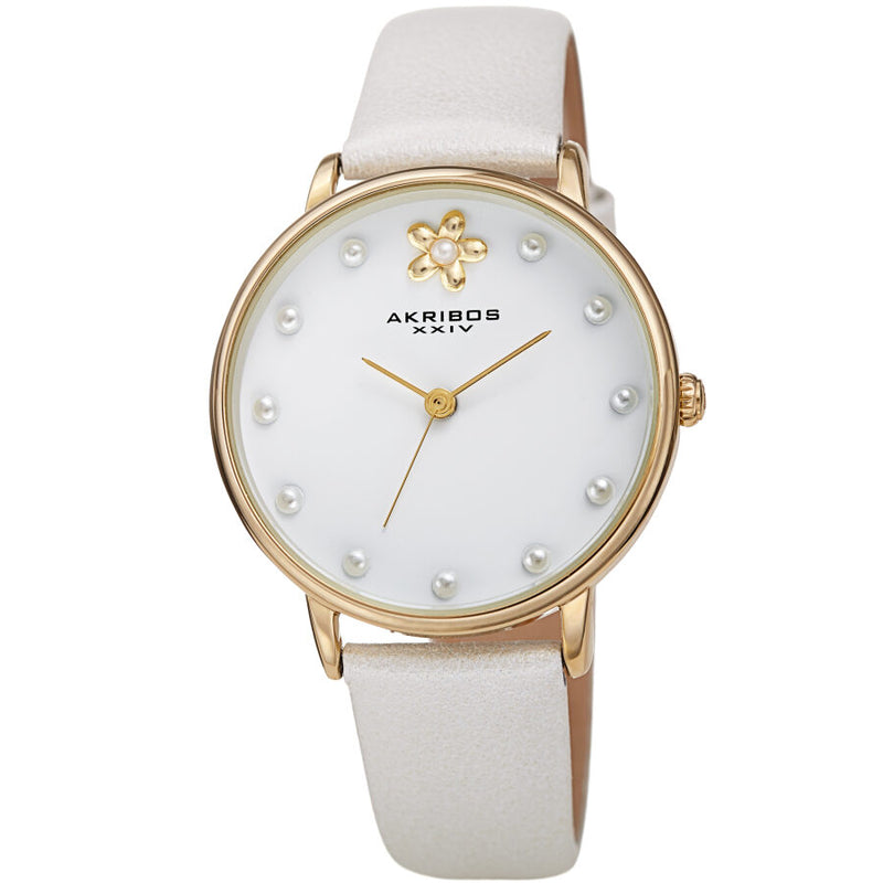 Akribos XXIV Quartz White Dial White Leather Ladies Watch #AK1084WT - Watches of America