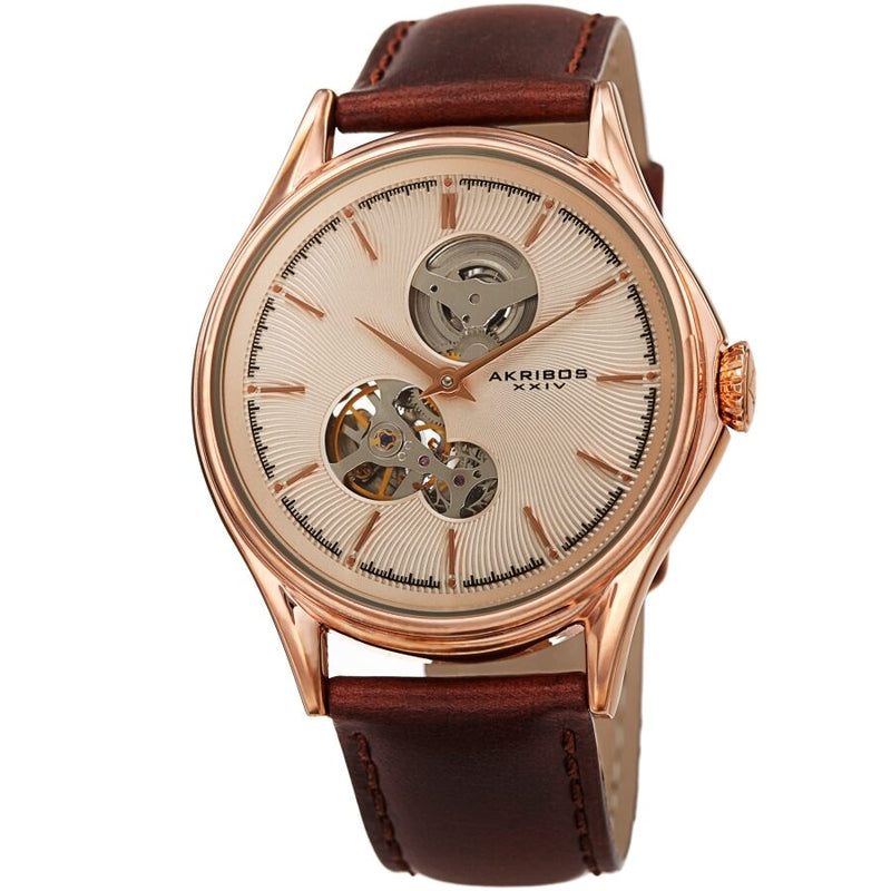 Akribos XXIV Rose Dial Brown Leather Men's Watch #AK1057RGBR - Watches of America