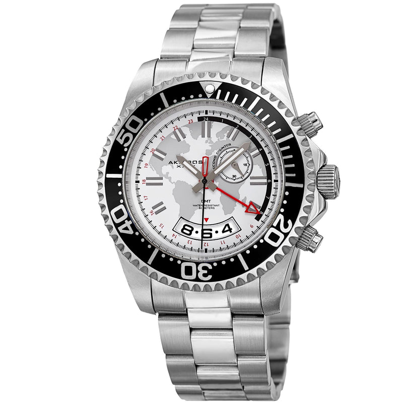 Akribos XXIV Silver and White Dial GMT Stainless Steel Men's Watch #AK955SS - Watches of America