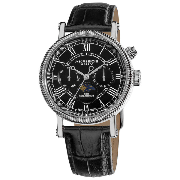 Akribos XXIV Ultimate Multi-Function Swiss Quartz Leather Strap Men's Watch #AK610BK - Watches of America